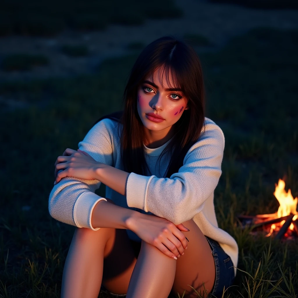  hyper realistic oil painting beautiful young woman of 20 years old , with Russian features, cute,  pale white skin ,  chiseled face , blushing cheeks, blue eyes, long straight black hair, with shiny skin with bruises and red spots CRYING , white sweater ON HER LEGS, PURPLE BRUISES AND SCRAPES with denim shrot she sits on the grass with her head on her shoulder SAD and next to a campfire, with arms crossed, sad, crying and a sad grimace at night.  Digital art animation hyper realistic oil comic  