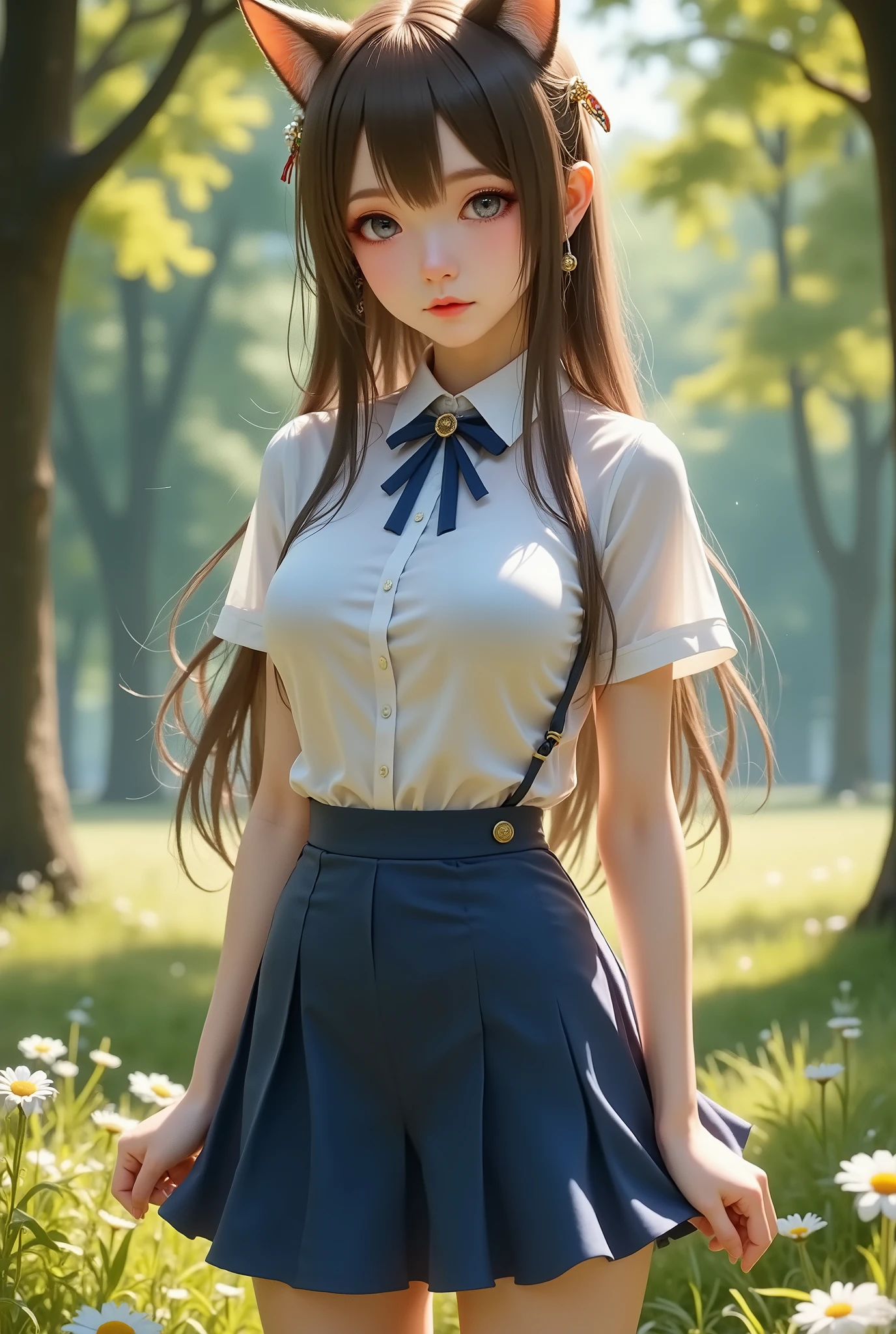  detailed face ,  cute face,18-year-old female,  Cat-Eared Girl,  long hair,  RAW photo, Bokeh ( realism: 1.4,  realistic),  high resolution CG integrated 8K wallpaper ,  One Girl , (( slim body : 1)), (natural breasts:1.2), (Uplifted and well-defined bust:1.2),, Back to viewers, ((Direct View from Front )), ( High Quality スキン: 1.4),  8K ultra HD,  dslr , Soft light,  High Quality ,  film grain,  Fujifilm XT3, (( school uniform,  short skirt, can be seen through the open skirt:1.5)), (( outdoor, In the park))) lamb,  portrait,(( superimposed short hairstyle,:1.2)),( Show Viewers :1.4),(whole body:1.8)