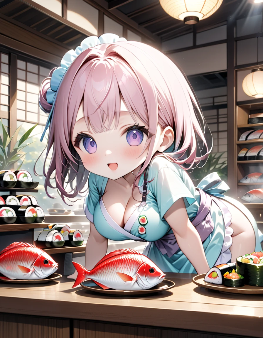 (masterpiece), (ultra-detailed), (best quality), (clear focus), dramatic scene, cinematic, shadow, (ultra-high resolution), (8k), perfect anatomy, perfect face, (detailed face), (detailed eye), (chibi), cute Japanese chibi girl, famous Japanese chibi idol, very beautiful and cute and cool face, (the girl is wearing a cute pastel colored kimono with apron:1.2), (large breasts), (She is holding to cook a large sea bream at the traditional Japanese sushi restaurant counter:1.3), sea bream\( very large, extremely angry, light red, trying to escape\), (piles of many kind of colorful sushi plates are on the light colored wooden sushi counter), sushi with bamboo leaves are on the wooden tray, Japanese antique furnishings with bamboo accent, gentle sunlight, professional lighting, 