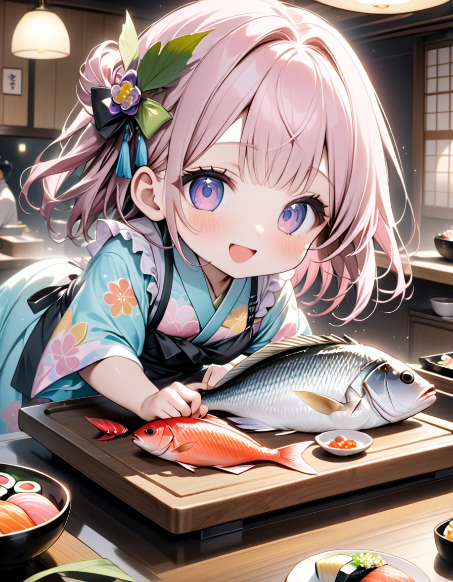 (masterpiece), (ultra-detailed), (best quality), (clear focus), dramatic scene, cinematic, shadow, (ultra-high resolution), (8k), perfect anatomy, perfect face, (detailed face), (detailed eye), (chibi), cute Japanese chibi girl, famous Japanese chibi idol, very beautiful and cute and cool face, (the girl is wearing a cute pastel colored kimono with apron:1.2), (large breasts), (She is holding to cook a large sea bream at the traditional Japanese sushi restaurant counter:1.3), sea bream\( very large, extremely angry, light red, trying to escape\), (piles of many kind of colorful sushi plates are on the light colored wooden sushi counter), sushi with bamboo leaves are on the wooden tray, Japanese antique furnishings with bamboo accent, gentle sunlight, professional lighting, 