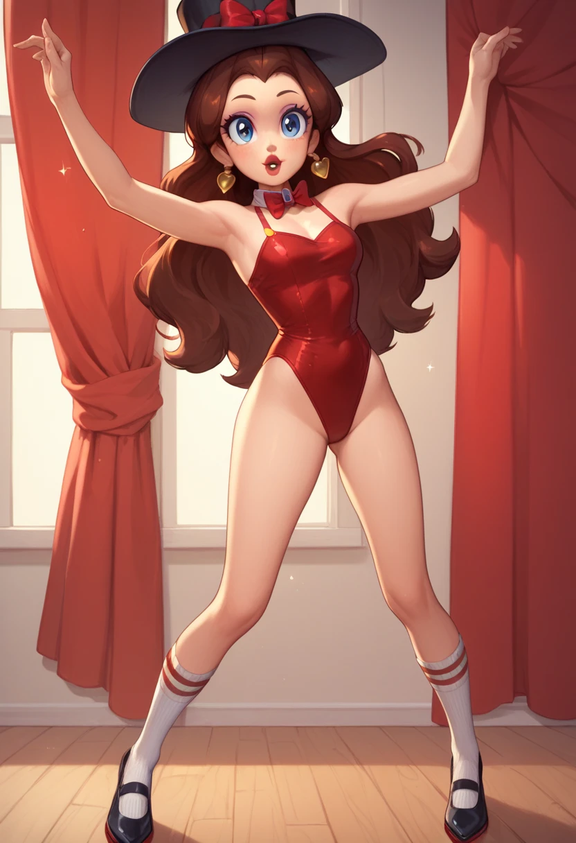 Cute Pauline wearing a sparkling shiny red leotard, black Mary Jane strap tap shoes with small white socks,,performing on stage with red curtains, black mix with brown hair, eyes are centered,, while tap dancing cute, black top hat, red bow with a white collar on her neck, small wood board 