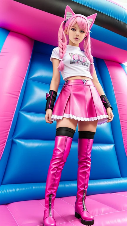  teenager with pink hair ,  slim model , pink leather korsett , tüll skirt pink ,  leather arm warmers blue,  knee-high leather boots, Cat ears, bouncy castle, twintails

