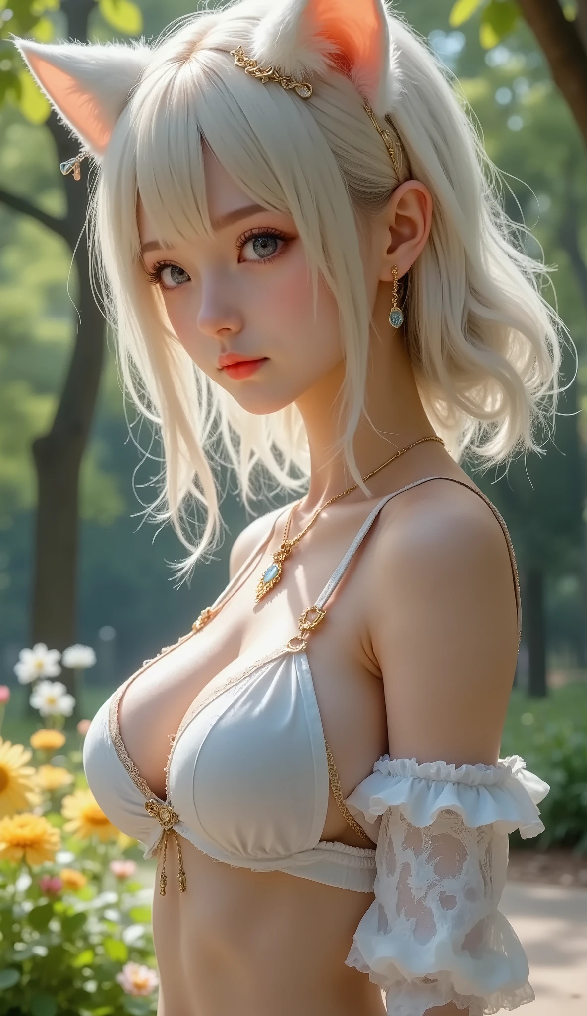  detailed face ,  cute face,18-year-old female,  Cat-Eared Girl,  long hair,  RAW photo, Bokeh ( realism: 1.4,  realistic),  high resolution CG integrated 8K wallpaper ,  One Girl , (( slim body : 1)), (natural breasts:1.2), (Uplifted and well-defined bust:1.2),, Back to viewers, ((Direct View from Front )), ( High Quality スキン: 1.4),  8K ultra HD,  dslr , Soft light,  High Quality ,  film grain,  Fujifilm XT3, (( cat costume,  short skirt, can be seen through the open skirt:1.5)), (( outdoor, In the park))) lamb,  portrait,(( superimposed short hairstyle,:1.2)),( Show Viewers :1.4),(whole body:1.8)