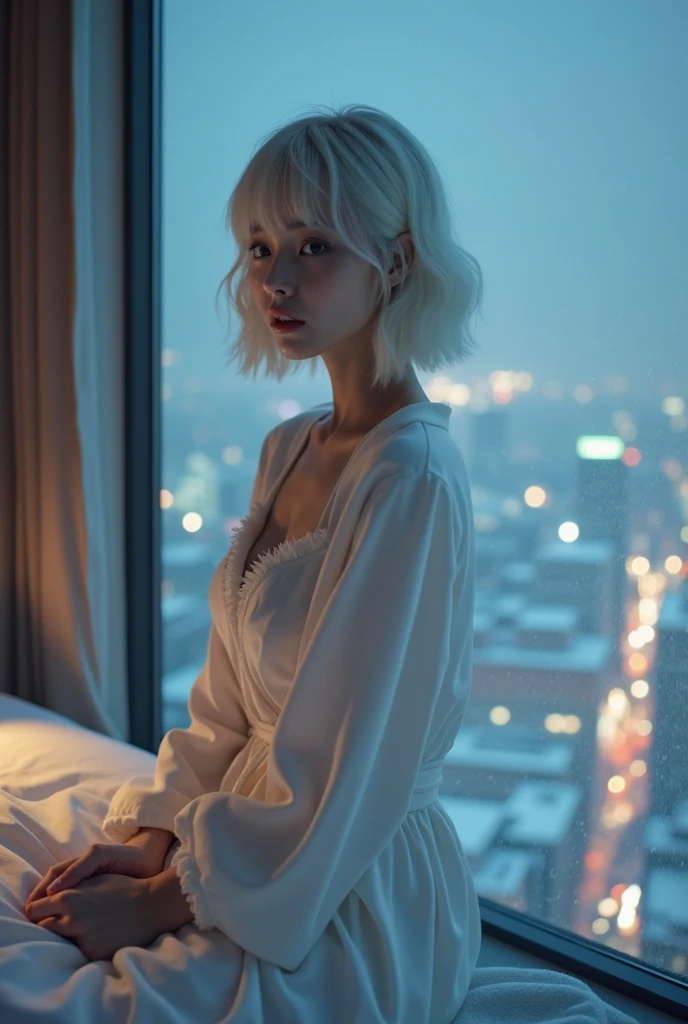 (masterpiece), Highest quality, Cyan eyes, Light grey hair, Expressive eyes, Jorhaya, Sitting in a high-rise apartment room, Night Sky, Cityscape, View your viewers, City lights, window, highlight, Dramatic Light, Calm face, Camisole Room Socks