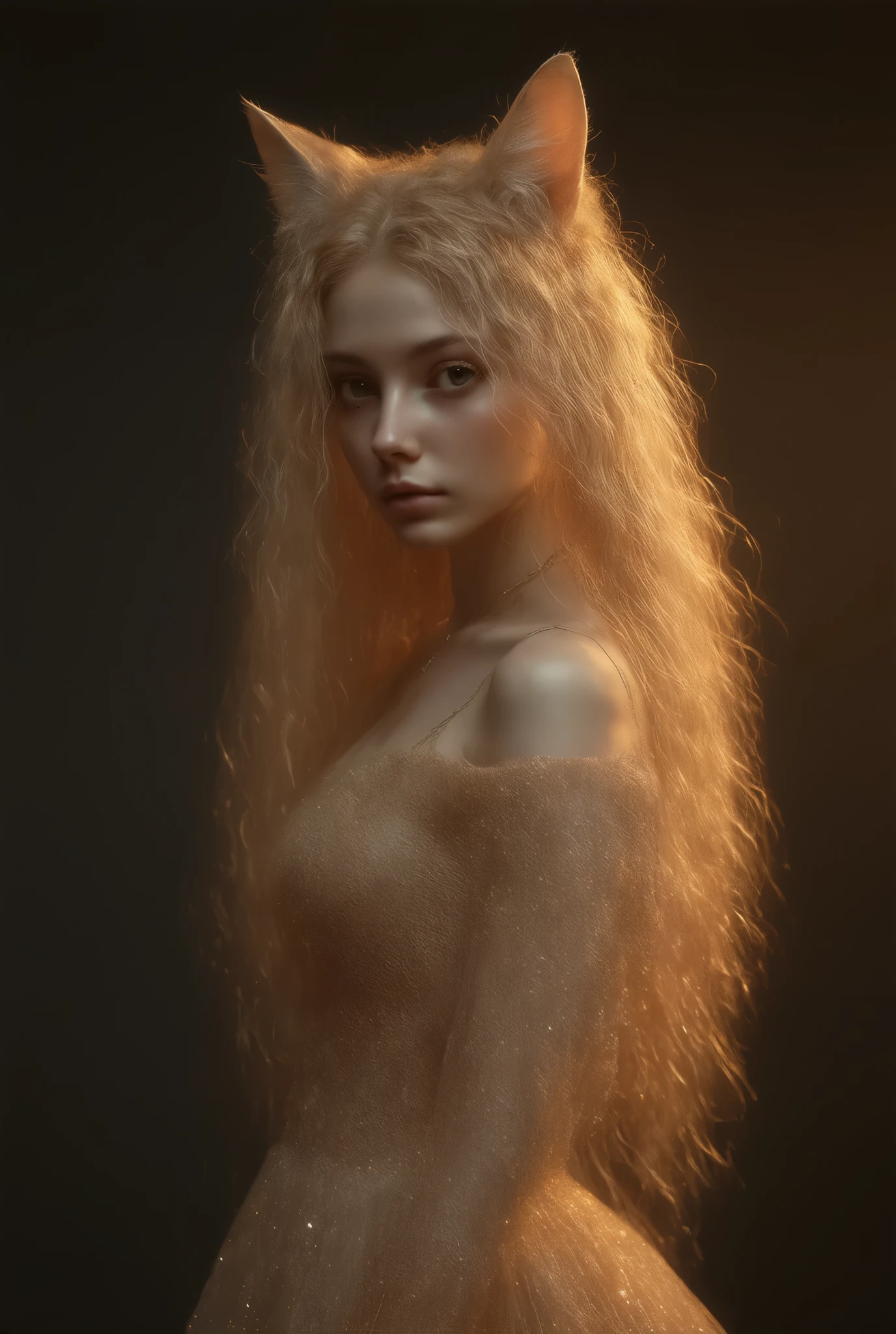 Imagine a digital 3D rendering of a 21-year-old seductive woman, Cat Ear Girl. She exudes out-of-this-world beauty and elegance, with shining golden hair flowing down her back in smooth waves. She stands with the skin and gentle glow of a chemise, supple and elegant figure, wearing a tight-fitting, off-the-shoulder dress that reveals her toned state and dancer-like physique,