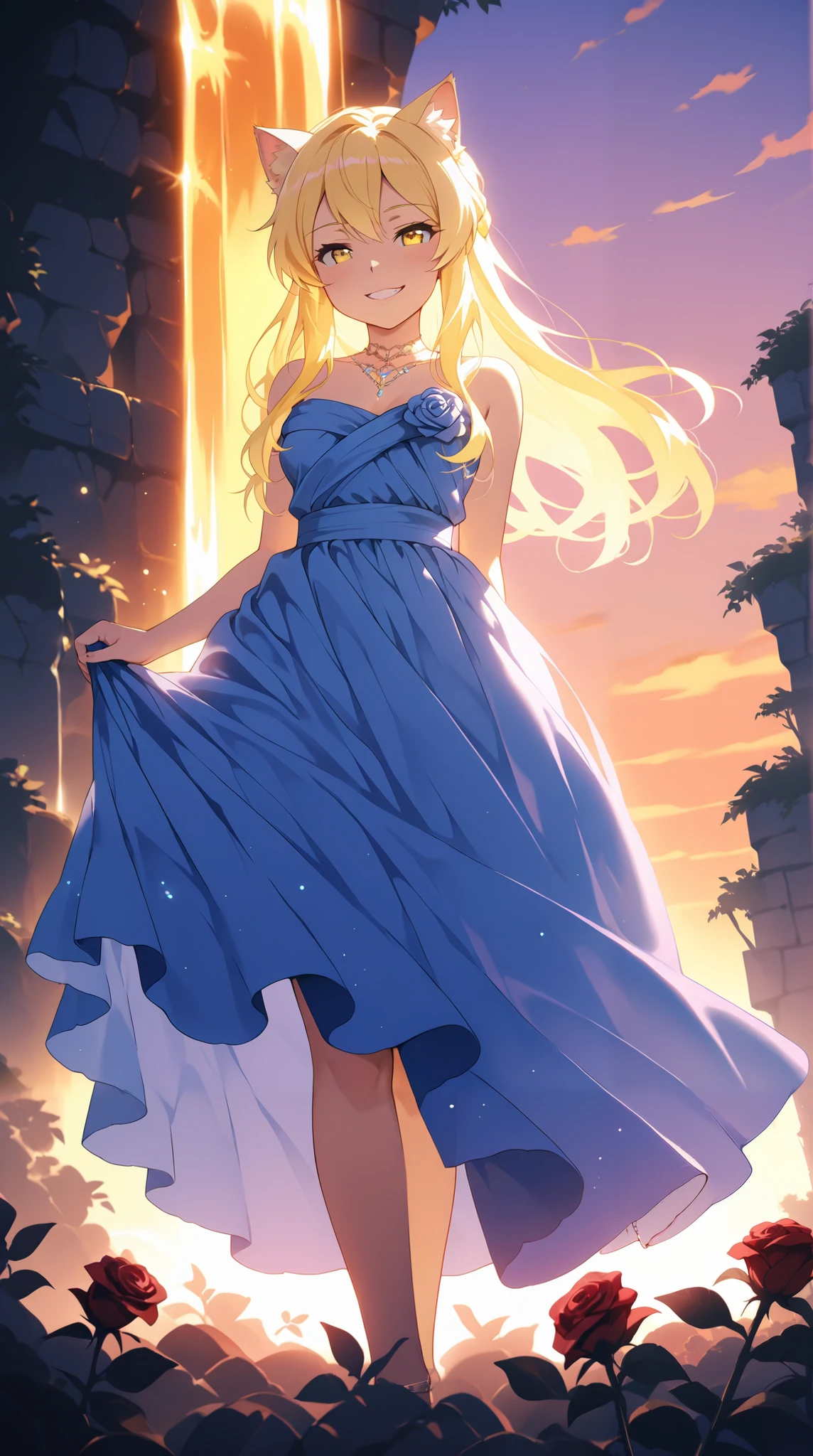 score_9, score_8_up, score_7_up, source_anime, BREAK, a girl, cat ears, cute grin, rococo gown, standing, long blond hair, roses, glowing waterfall, sunset, vibrant colors, masterpiece