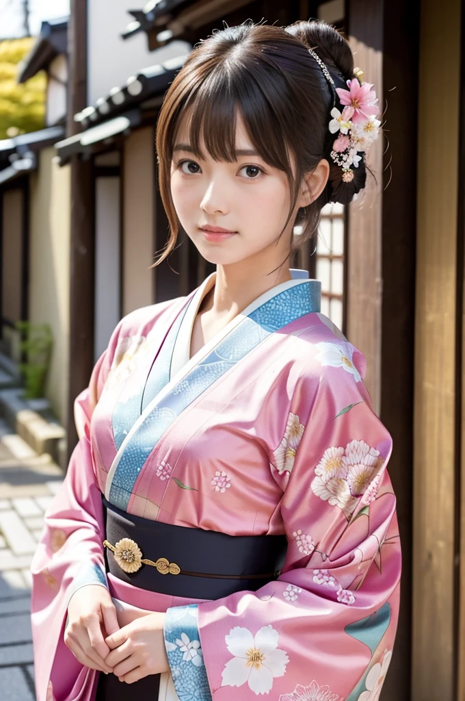 A beautiful Japanese woman wearing a pink floral   kimono. Her hair is elegantly tied up with floral ornaments, and her bangs are down. She stands in a narrow alley in Kyoto during daytime, surrounded by a festive New Year atmosphere. The   kimono features intricate floral patterns, and she has delicate features with brown eyes and brown hair. Her expression is serene and graceful.

one girl, (beautiful girl, delicate girl:1.3), (elegant appearance:1.3), break, (spring clothes:1.3), break, very fine eyes, (symmetrical eyes:1.3), break, perfectly shaped and anthropomorphically correct fingers, break, small breasts, brown eyes, (((shortcut))), straight bangs, brown hair, break, (eye and face details:1.0), break, (masterpiece, highest quality, super detailed), detailed face, 8k,   kimono, intricate patterns, floral design. high res, masterpiece, masterpiece, accurate,  anatomically correct ,  won lots of awards ,  top quality ,  high detail,  anatomically correct , 