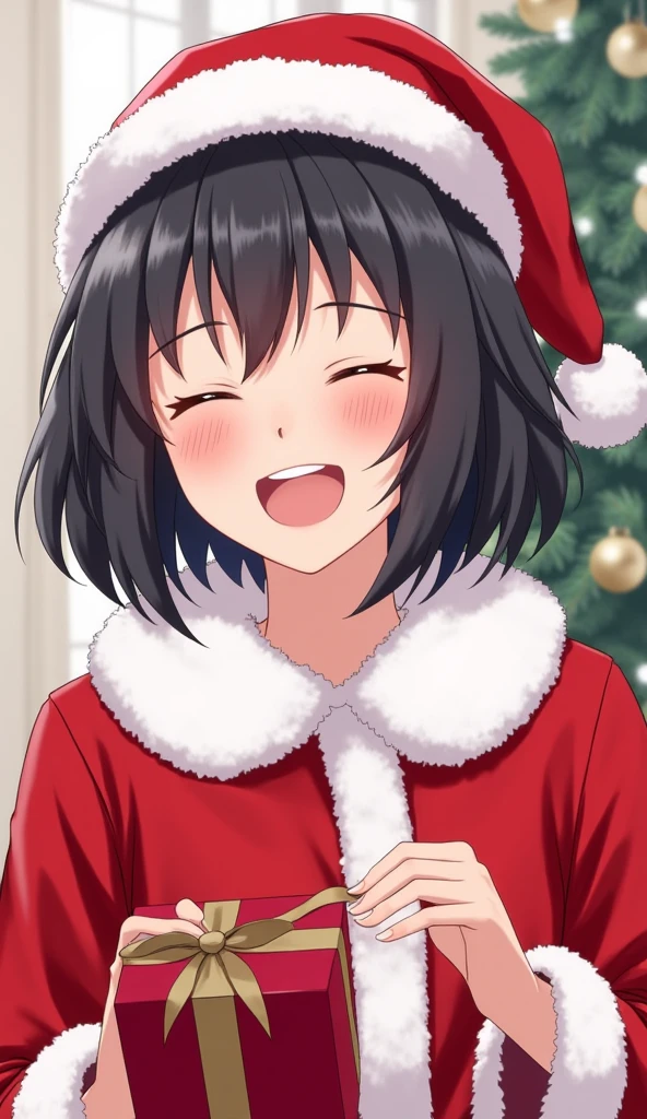  close your mouth and laugh、Loose and fluffy hair、 medium perm hair、 above thigh、 from the front、 Santa Cosplay、Hold a present in your hand