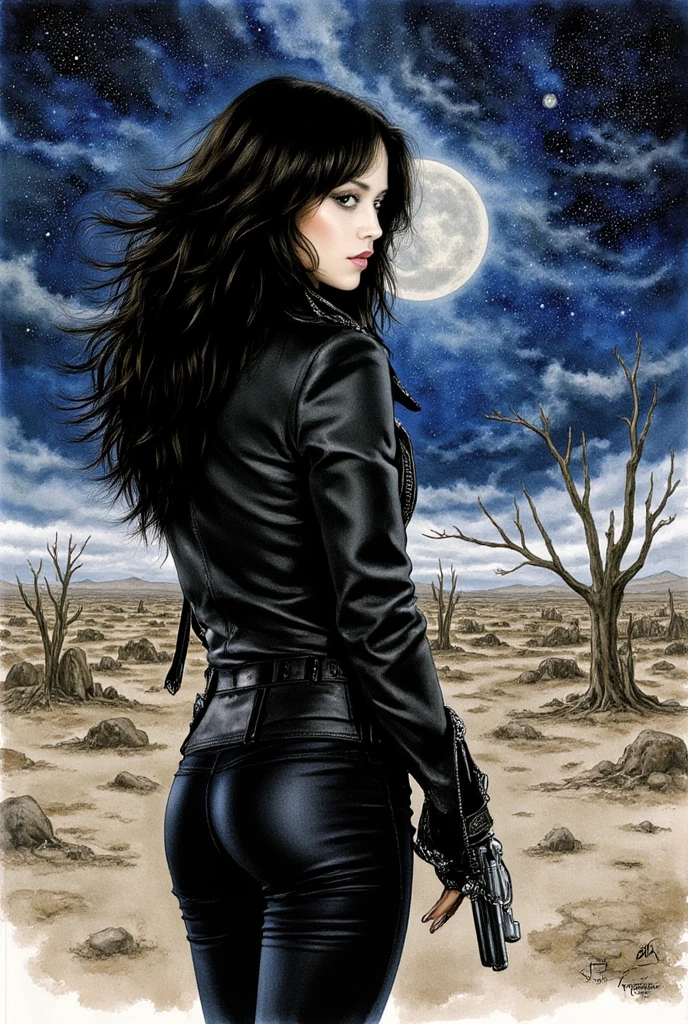 Beautiful portrait of a woman, Jenna Ortega,
young woman, long black hair,  small freckles, biker black leather jacket, in a desolated landscape, during night, ink and watercolor, aman0ayam1, high resolution, high definition, masterpiece, many details, cold colors