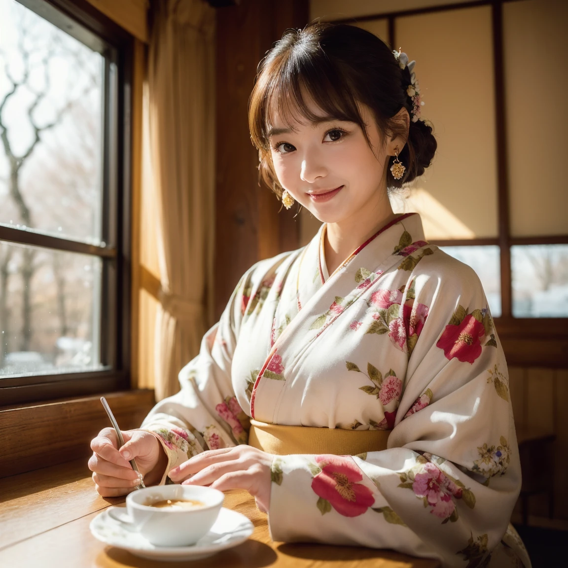 Japanese ID ,(( cute ,:1.2)),(8k,  RAW photos ,  super detailed ,  top quality :1.2), ( realistic,  Photorealistic:1.4), ( very detailed,  super high res , beautiful,  table top in bed:1.2), , very detailed顔と目, Shiny Skin ,( upper body:1.  Professional Writing ,Soft light,  Sharp Focus, Deep written boundary, medium hair, earrings for women with first name, ( A gorgeous floral kimono costume  :1.3),Bokeh,( dynamic angle :1.5 ),( A cozy little cafe with warm light shining in .  The contrast between the winter landscape seen from the window and the warmth of the room. :1.3)I'm eating mochi,smile,Eating dumplings stuck on skewers ,