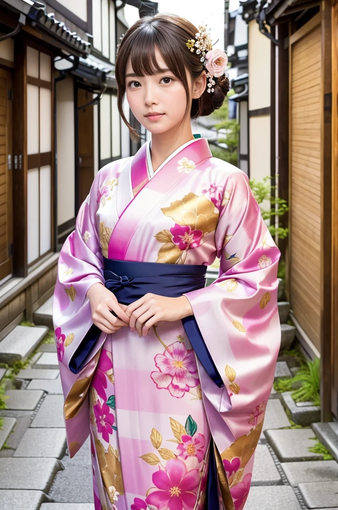 A beautiful Japanese woman wearing a pink floral   kimono. Her hair is elegantly tied up with floral ornaments, and her bangs are down. She stands in a narrow alley in Kyoto during daytime, surrounded by a festive New Year atmosphere. The   kimono features intricate floral patterns, and she has delicate features with brown eyes and brown hair. Her expression is serene and graceful.

one girl, (beautiful girl, delicate girl:1.3), (elegant appearance:1.3), break, (spring clothes:1.3), break, very fine eyes, (symmetrical eyes:1.3), break, perfectly shaped and anthropomorphically correct fingers, break, small breasts, brown eyes, (((shortcut))), straight bangs, brown hair, break, (eye and face details:1.0), break, (masterpiece, highest quality, super detailed), detailed face, 8k,   kimono, intricate patterns, floral design. high res, masterpiece, masterpiece, accurate,  anatomically correct ,  won lots of awards ,  top quality ,  high detail,  anatomically correct , 