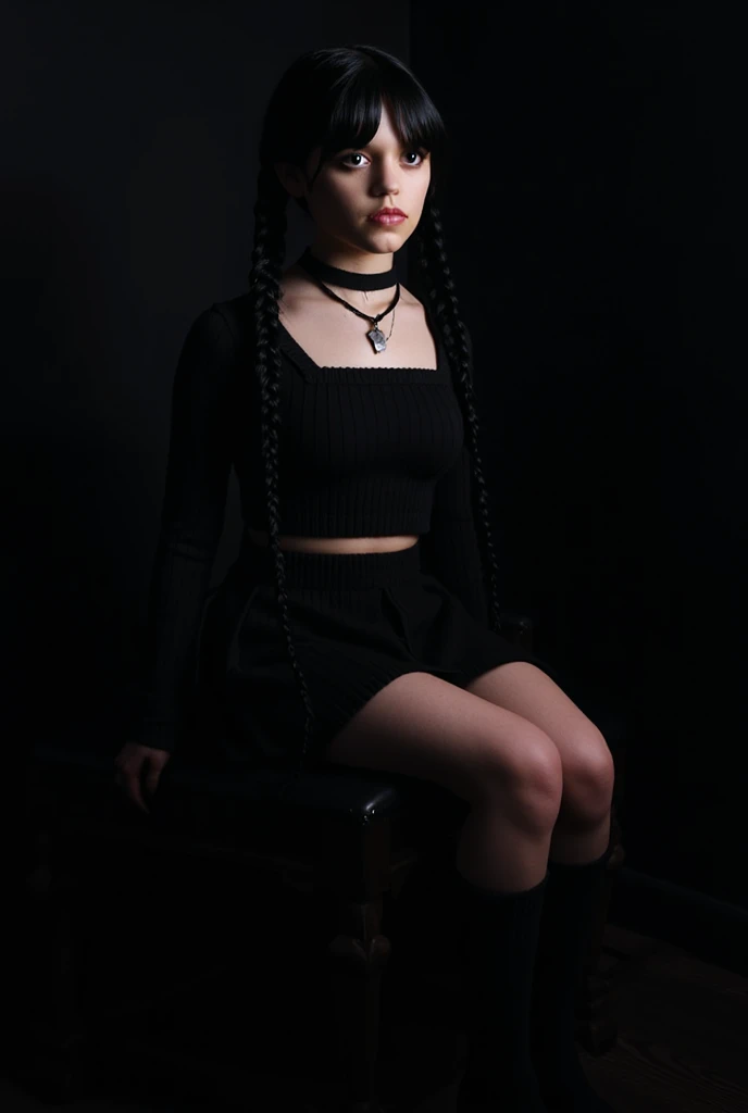 (( masterpiece)),  best quality,  extremely detailed face ,  Ultra High Resolution, (photorealista:1.4),  ,  finely detailed ,  huge file size , correct exposure, Wednesday Adams de la familia Adams, between 16 and 18 years old ,  developed body , neckline,  short skirt ,  sitting in a dark room trunk, repeinada con dos coletas