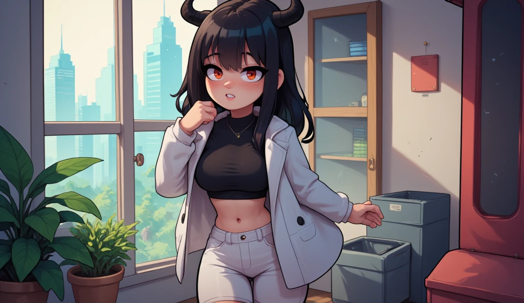 girl, red eyes, white tight jeans pants, short white coat, black shirt, black hair, very little black horns, long hair, pantyhose on the body, Modern Anime Style, High Definition, Ultra Details, Fantasy Modern World, HD, perspective from his face, smiling nostalgically