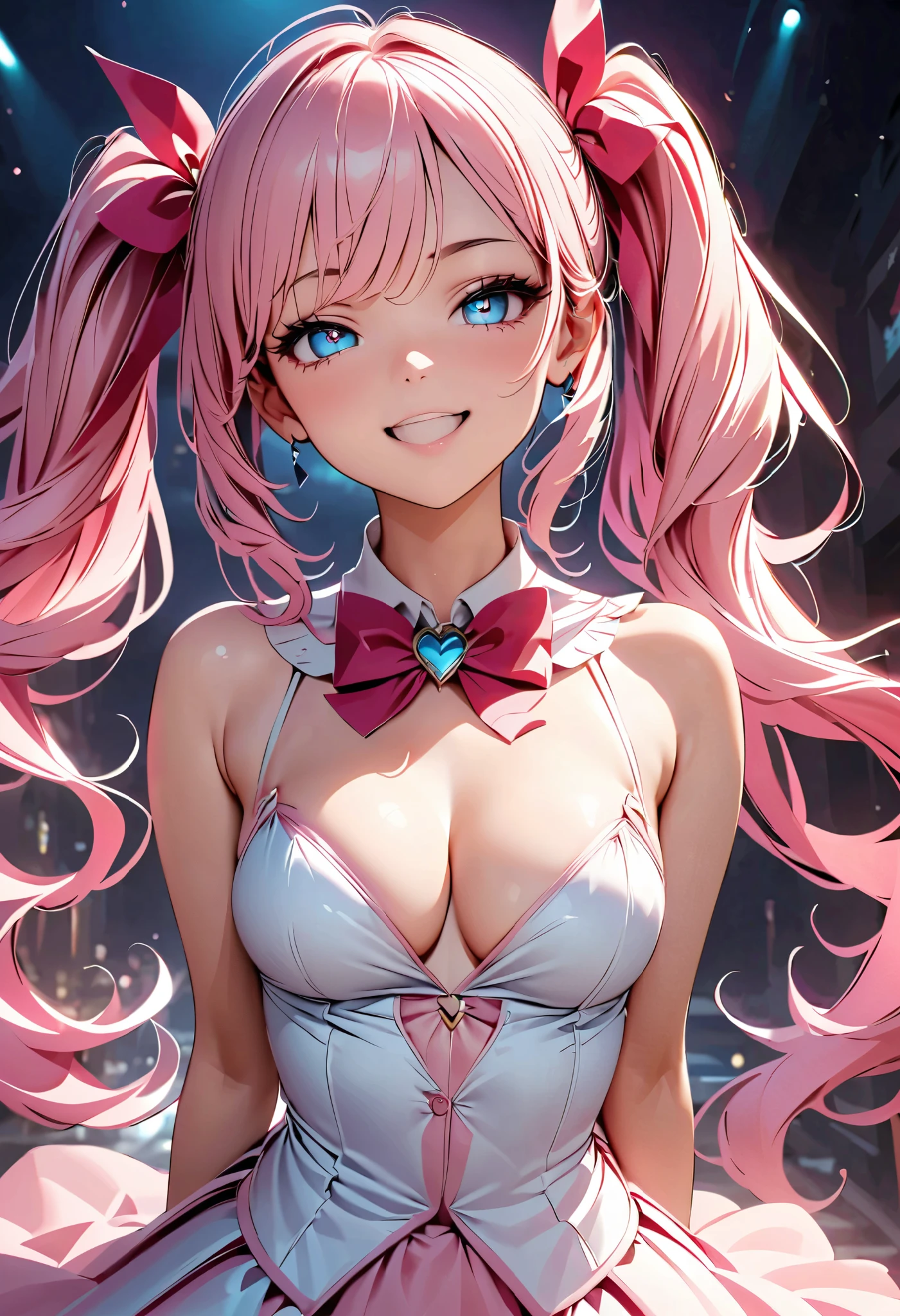  beautiful magical girl dressed in a pink frill dress、 pink long hair 、cute and sexy magical girl pose 、((Lewd smile、 open your mouth、Oral mucosa))、 very detailed、8k、 photorealistic 、 top quality realistic textured skin 、Detailed CG illustration、Chiaroscuro Lighting、 dramatic shadow 、 elegant 、grace、 enchantment、 enchantmentな、Big Breasts、 pink hair、 Twin Tail Hair、Porcelain Skin、Pierced Eyes、Delicate features、 sexy poses、艶やかな唇、 slender figure、 Magical Energy 、 Dynamic Lighting 、 vivid colors、Soft pastel palette、Glowing magic effect、Skin with an obscene sheen、Delicate fingertips、Five fingers、 cinematic composition 、 Dramatic Poses、 moody vibe 、Dark and mysterious