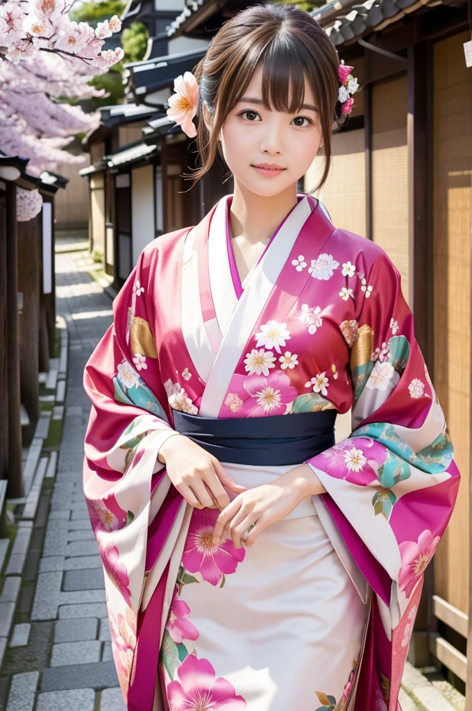 A beautiful Japanese woman wearing a pink floral   kimono. Her hair is elegantly tied up with floral ornaments, and her bangs are down. She stands in a narrow alley in Kyoto during daytime, surrounded by a festive New Year atmosphere. The   kimono features intricate floral patterns, and she has delicate features with brown eyes and brown hair. Her expression is serene and graceful.

one girl, (beautiful girl, delicate girl:1.3), (elegant appearance:1.3), break, (spring clothes:1.3), break, very fine eyes, (symmetrical eyes:1.3), break, perfectly shaped and anthropomorphically correct fingers, break, small breasts, brown eyes, (((shortcut))), straight bangs, brown hair, break, (eye and face details:1.0), break, (masterpiece, highest quality, super detailed), detailed face, 8k,   kimono, intricate patterns, floral design. high res, masterpiece, masterpiece, accurate,  anatomically correct ,  won lots of awards ,  top quality ,  high detail,  anatomically correct , 