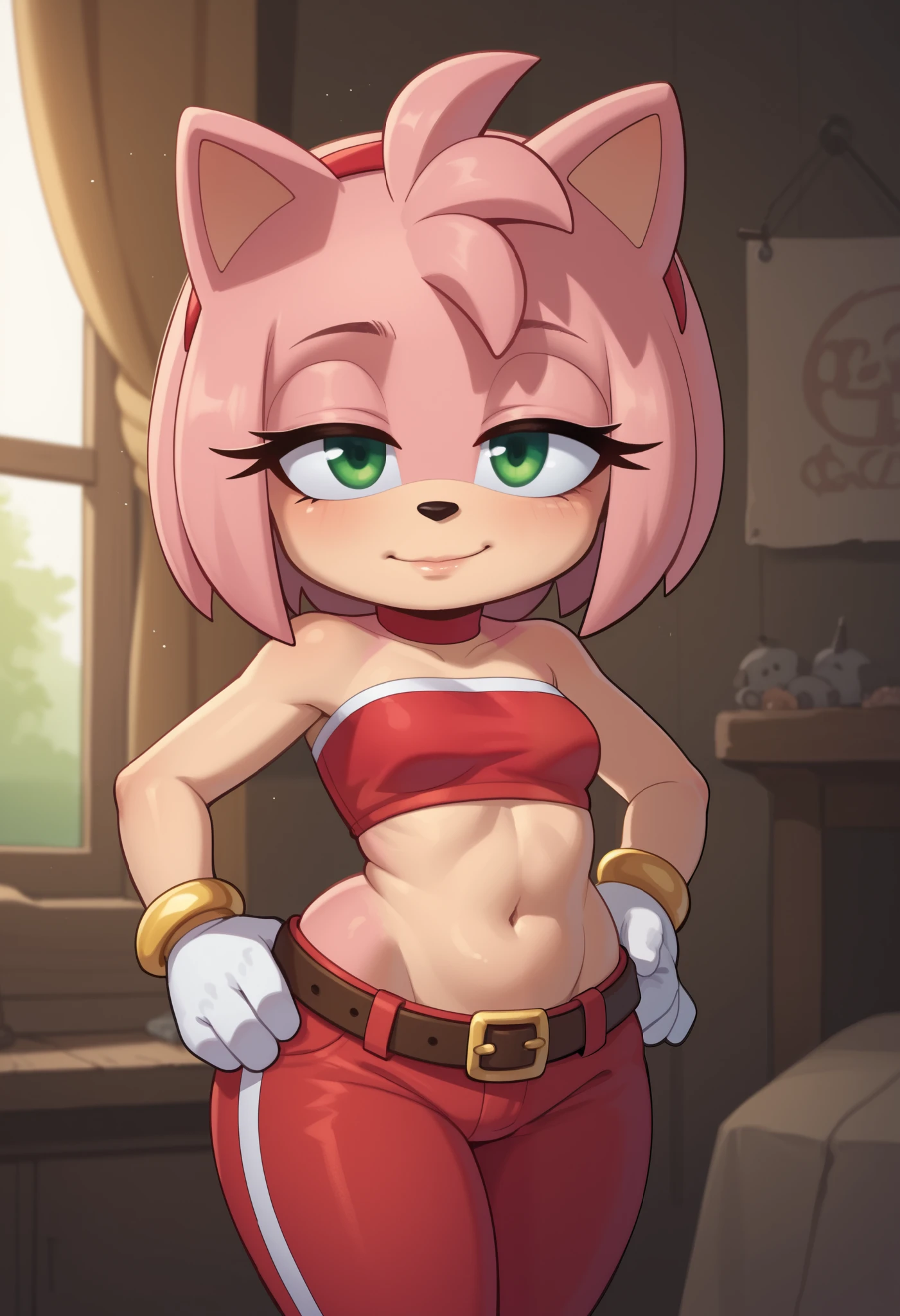 score_9, score_8_up, score_7_up, rating_explicit, source_cartoon, white outline, bold outline, simple background, evnstnly, 1 girl, furry female, amy rose, two-tone skin, cute, (shortstack:1.3), white gloves, gold bracelet, tube top, small breasts, huge hips, plump, chibi, hand on hip, motion lines, half closed eyes, head tilt, from side.| choker. gloves, navel,midriff, belt, pants, crop top, turtleneck, room, room background, cowboy shot. forest. tent
