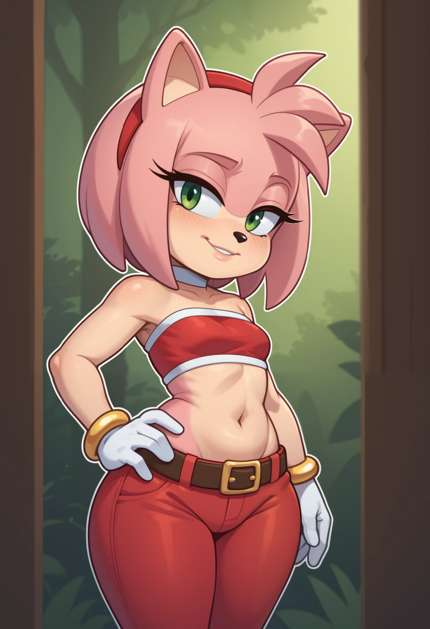 score_9, score_8_up, score_7_up, rating_explicit, source_cartoon, white outline, bold outline, simple background, evnstnly, 1 girl, furry female, amy rose, two-tone skin, cute, (shortstack:1.3), white gloves, gold bracelet, tube top, small breasts, huge hips, plump, chibi, hand on hip, motion lines, half closed eyes, head tilt, from side.| choker. gloves, navel,midriff, belt, pants, crop top, turtleneck, room, room background, cowboy shot. forest. tent
