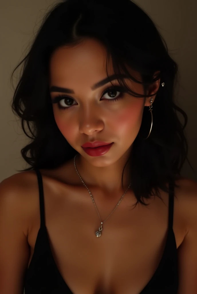A hot 25yo arabic, (glossy pink lipstick, light purple eyeliner), sensual eyes and long eyelashes, glossy dark hair short bob haircut, opened unzipped tight blouse, (nice huge cleavage), front shot, warm light, the hot milf daughter