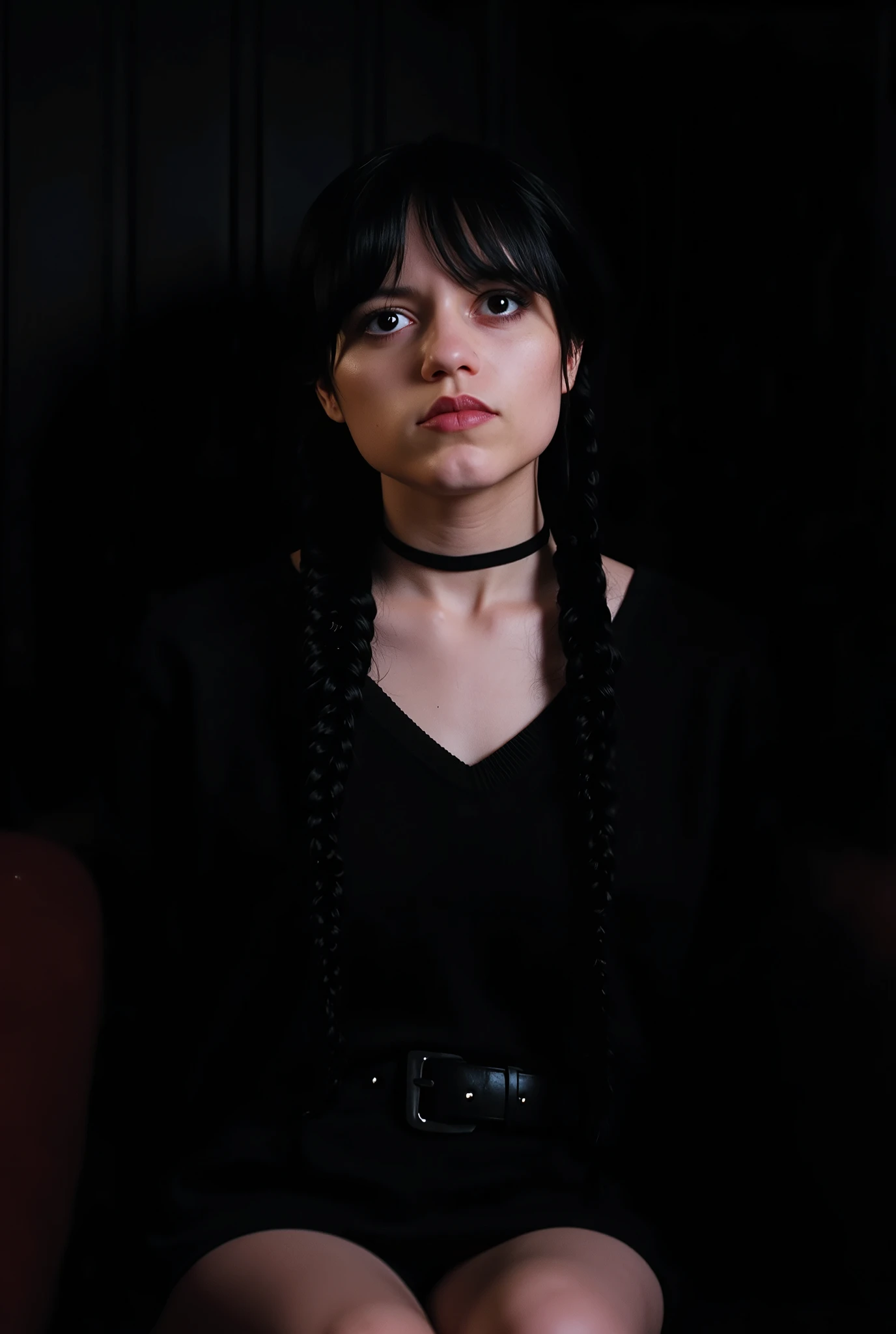 (( masterpiece)),  best quality,  extremely detailed face ,  Ultra High Resolution, (photorealista:1.4),  ,  finely detailed ,  huge file size , correct exposure, Wednesday Adams de la familia Adams, between 16 and 18 years old ,  developed body , neckline,  short skirt ,  sitting in a dark room trunk, repeinada con dos coletas