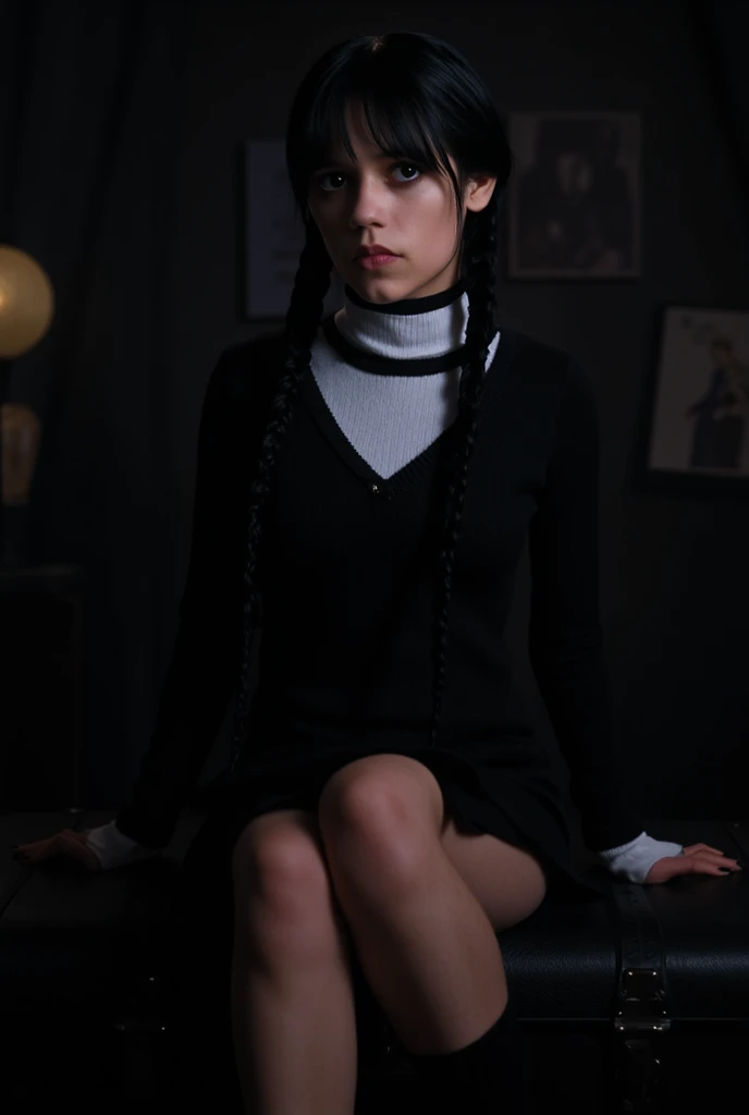  Wednesday Adams de la familia Adams, between 16 and 18 years old ,  developed body , neckline,  short skirt ,  sitting in a dark room trunk, repeinada con dos coletas