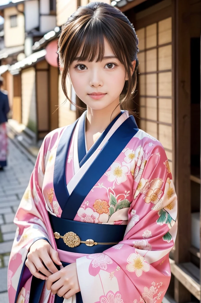 A beautiful Japanese woman wearing a pink floral   kimono. Her hair is elegantly tied up with floral ornaments, and her bangs are down. She stands in a narrow alley in Kyoto during daytime, surrounded by a festive New Year atmosphere. The   kimono features intricate floral patterns, and she has delicate features with brown eyes and brown hair. Her expression is serene and graceful.

one girl, (beautiful girl, delicate girl:1.3), (elegant appearance:1.3), break, (spring clothes:1.3), break, very fine eyes, (symmetrical eyes:1.3), break, perfectly shaped and anthropomorphically correct fingers, break, small breasts, brown eyes, (((shortcut))), straight bangs, brown hair, break, (eye and face details:1.0), break, (masterpiece, highest quality, super detailed), detailed face, 8k,   kimono, intricate patterns, floral design. high res, masterpiece, masterpiece, accurate,  anatomically correct ,  won lots of awards ,  top quality ,  high detail,  anatomically correct , 