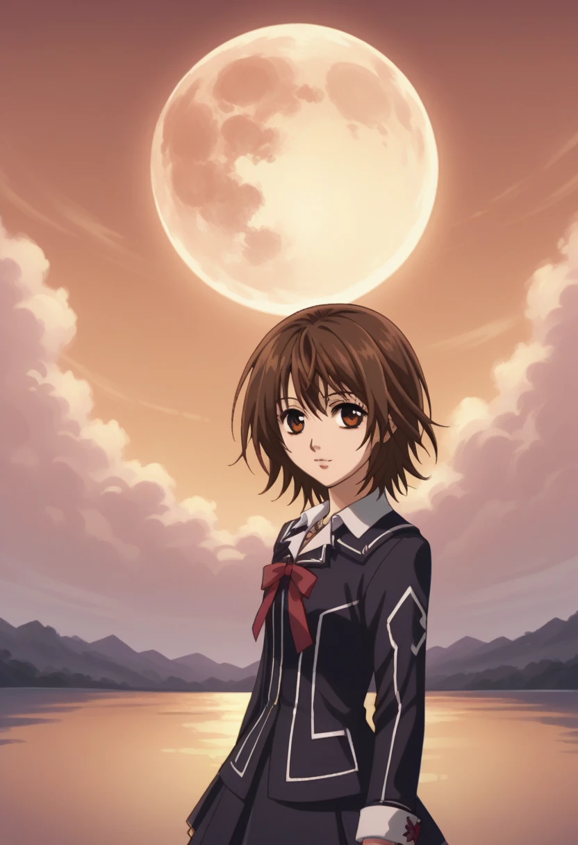  score_9,  score_8_above,  score_7_above,   source  _animated,  highly detailed , 
, Alone, 1 girl,  brown hair ,  short hair,   school uniform  ,  brown eyes, 
Love, aboveper body, bracelet
outdoor, sky, Evening,  Full Moon,