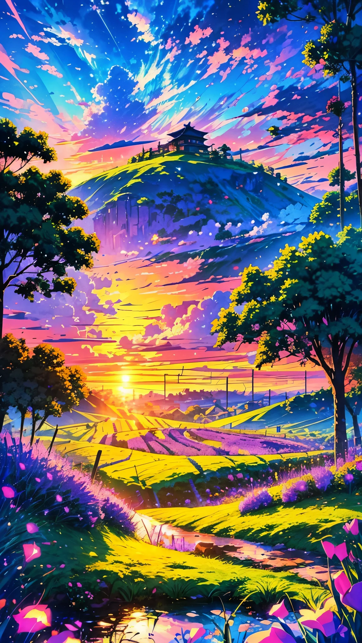 anime landscape with  a path in the middle of a field, purple flowers, lavender flowers is glowing, hight sky, many cloud, sunset, road, anime landscape wallpaper, anime landscape, beautiful anime scenery, anime beautiful peace scene, beautiful anime scene, anime countryside landscape, anime clouds, anime background art, anime background, anime scenery, anime sky, anime art wallpaper 4 k, anime art wallpaper 4k, 4k anime wallpaper