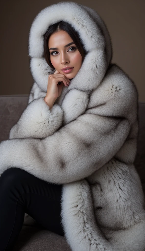 Beautiful asian woman, wearin a silver f0x fur coat, sit on the fur couch, wear fur hijab, adorable, gorgeus, 