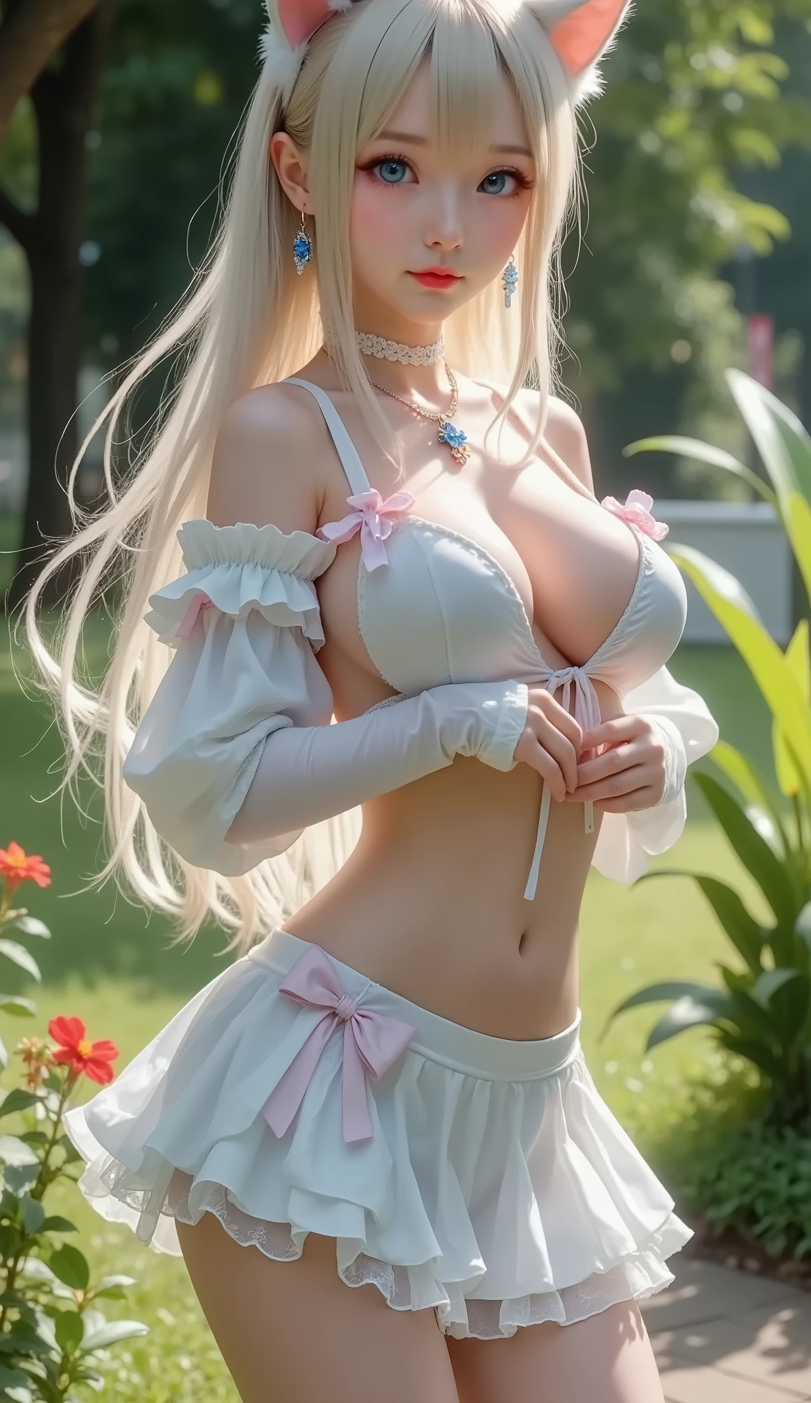  detailed face ,  cute face,18-year-old female,  Cat-Eared Girl,  long hair,  RAW photo, Bokeh ( realism: 1.4,  realistic),  high resolution CG integrated 8K wallpaper ,  One Girl , (( slim body : 1)), (natural breasts:1.2), (Uplifted and well-defined bust:1.2),, Back to viewers, ((Direct View from Front )), ( High Quality スキン: 1.4),  8K ultra HD,  dslr , Soft light,  High Quality ,  film grain,  Fujifilm XT3, (( cat costume,  short skirt, can be seen through the open skirt:1.5)), (( outdoor, In the park))) lamb,  portrait,(( superimposed short hairstyle,:1.2)),( Show Viewers :1.4),(whole body:1.8)