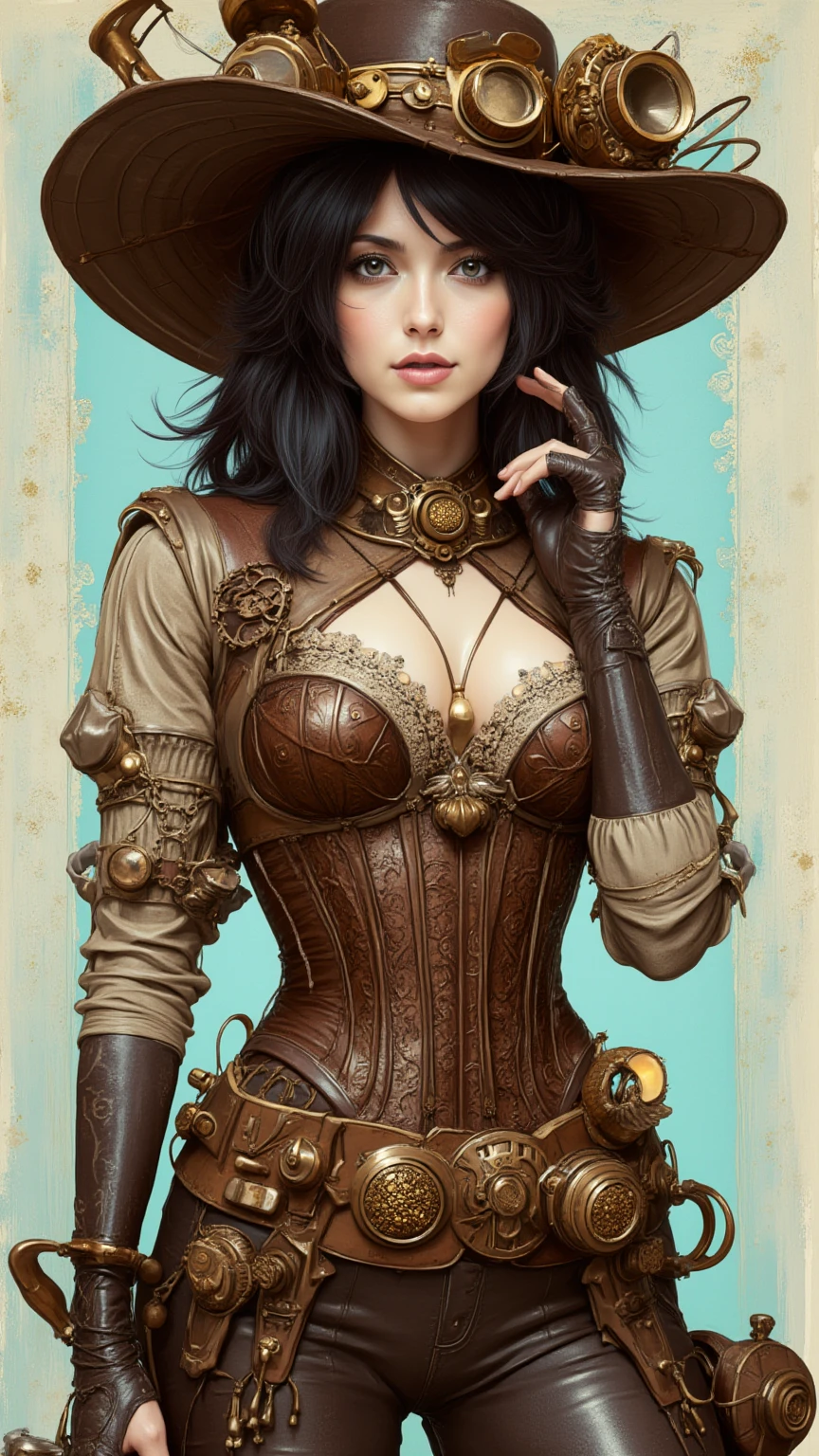 Steampunk Character A stylish illustration of a female woman. Her body is depicted from top to top, with her head tilted slightly to the right and her head facing some field of view. Her attire includes a large, wide-brimmed hat adorned with intricate steampunk-style gears, goggles, and other mechanical elements. The hat is dark brown or bronze, which goes well with tops such as brown corsets. The top is decorated with floral or paisley patterns, and the chest is emblazoned with lace details. Wearing long gloves, her waist is surrounded by a belt with added mechanical detail. The hip belt is secured with a large mechanical device. Her expression is serious and sexy. Black hair is partially hidden under the hat. She has white skin, distinct features, and dark eyes. One hand is next to her face near the temple and the other is resting on part of the elaborate belt assembly. The background is a subtle teal with a hint of gold, which gently contrasts the character's costumes with dark tones. 
