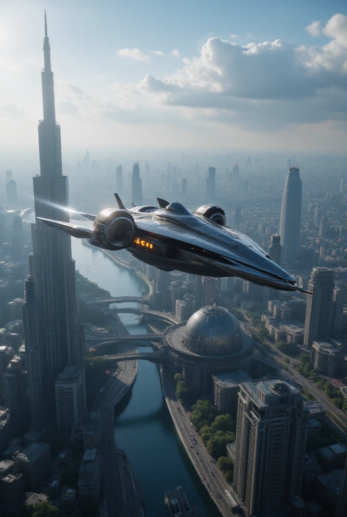 A futuristic spaceship flying over a city in the sky.