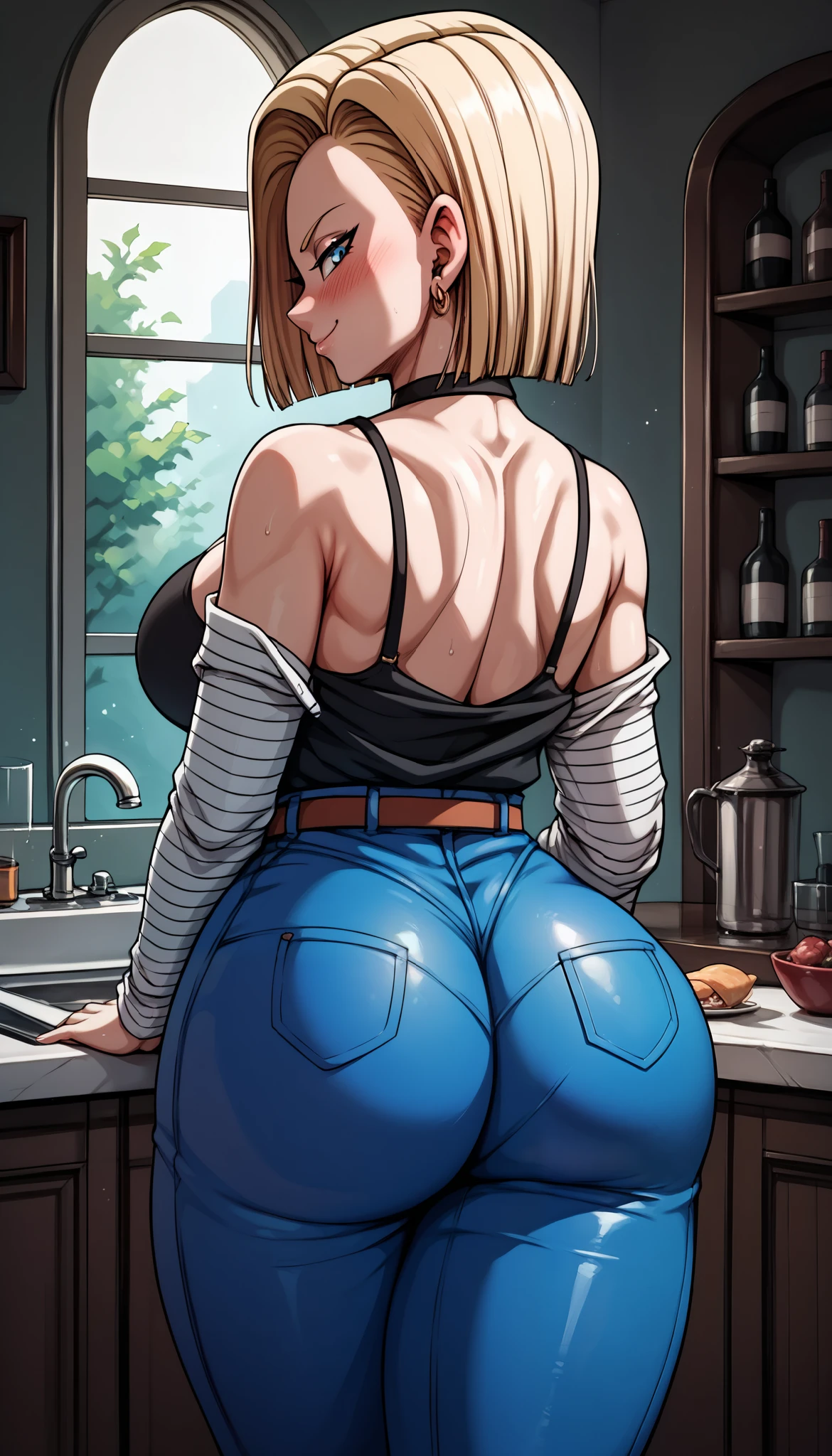 venus body, 1 girl, solo, big breasts, hips, wide hips, thick thighs, high thighs, smile, blunt bangs, blush, choker,,,,Android 18,,,,, breasts transparent,,from behind, perfect ass, ass focus