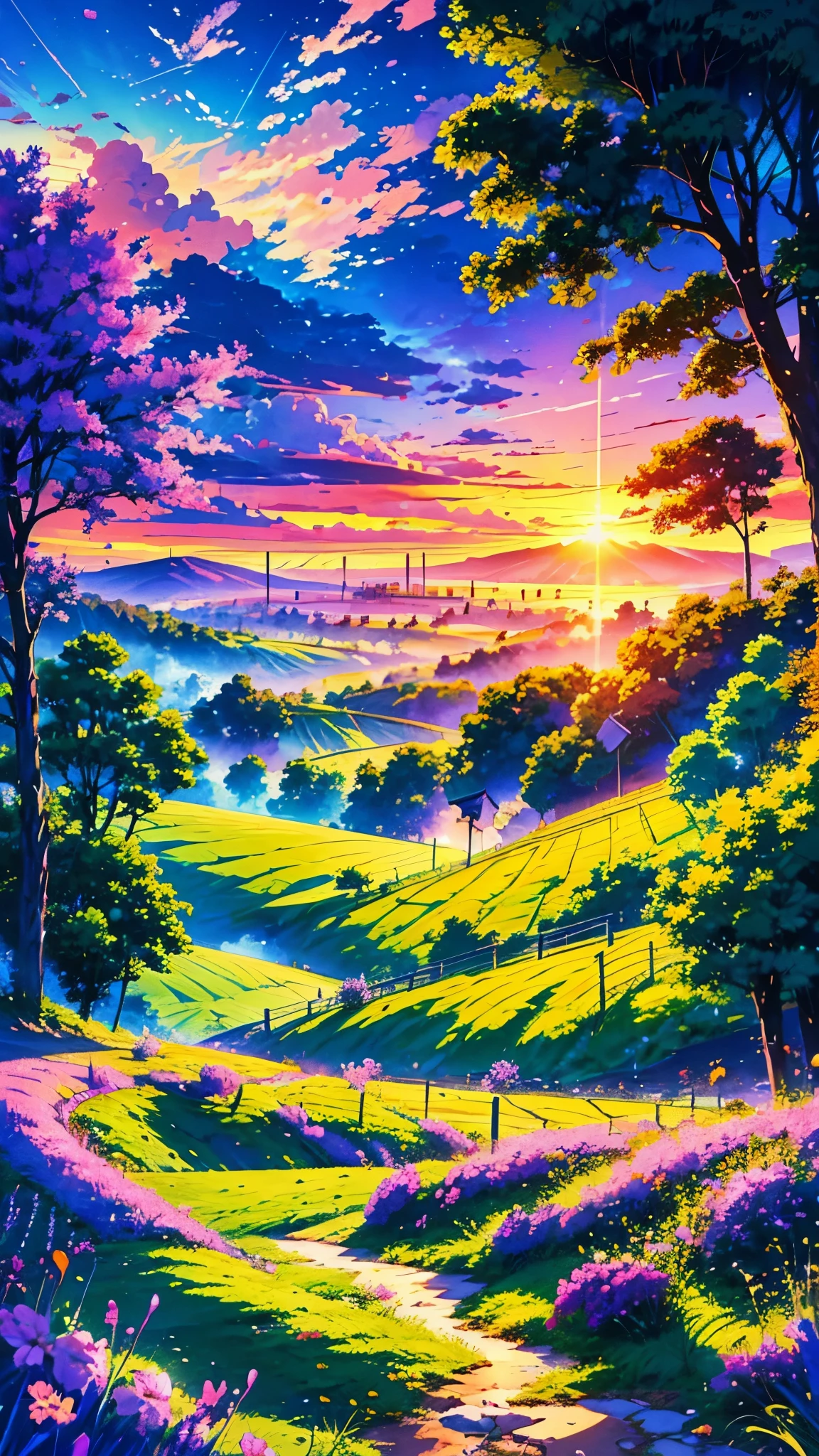 anime landscape with  a path in the middle of a field, purple flowers, lavender flowers is glowing, hight sky, many cloud, sunset, road, anime landscape wallpaper, anime landscape, beautiful anime scenery, anime beautiful peace scene, beautiful anime scene, anime countryside landscape, anime clouds, anime background art, anime background, anime scenery, anime sky, anime art wallpaper 4 k, anime art wallpaper 4k, 4k anime wallpaper