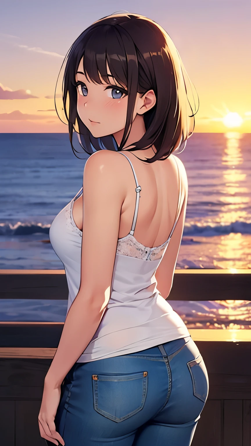 Looking back, 18-year-old woman, jeans, white lace camisole, sunset over the sea