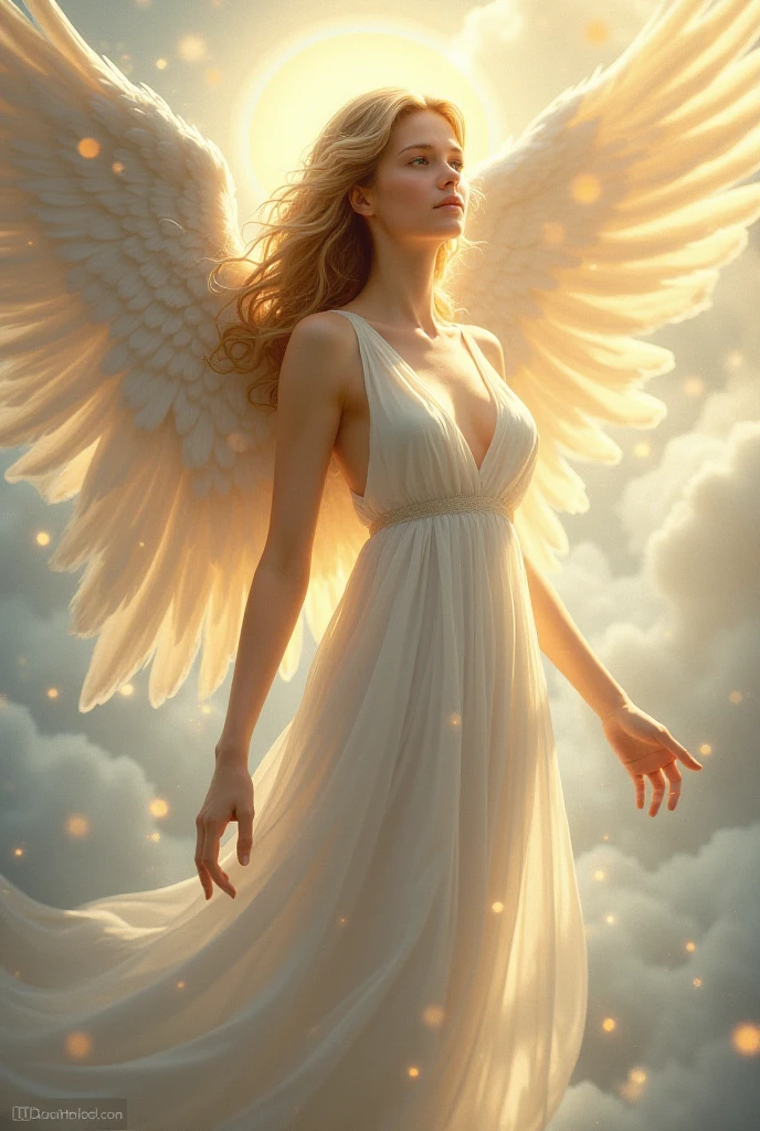 Here is an updated prompt that maintains its essence, intent, and key details while focusing on aesthetics, colors, style, layout, framing, and additional details:
A stunning winged beauty with delicate features, porcelain skin, and luscious golden locks gazes heavenward with ethereal elegance.