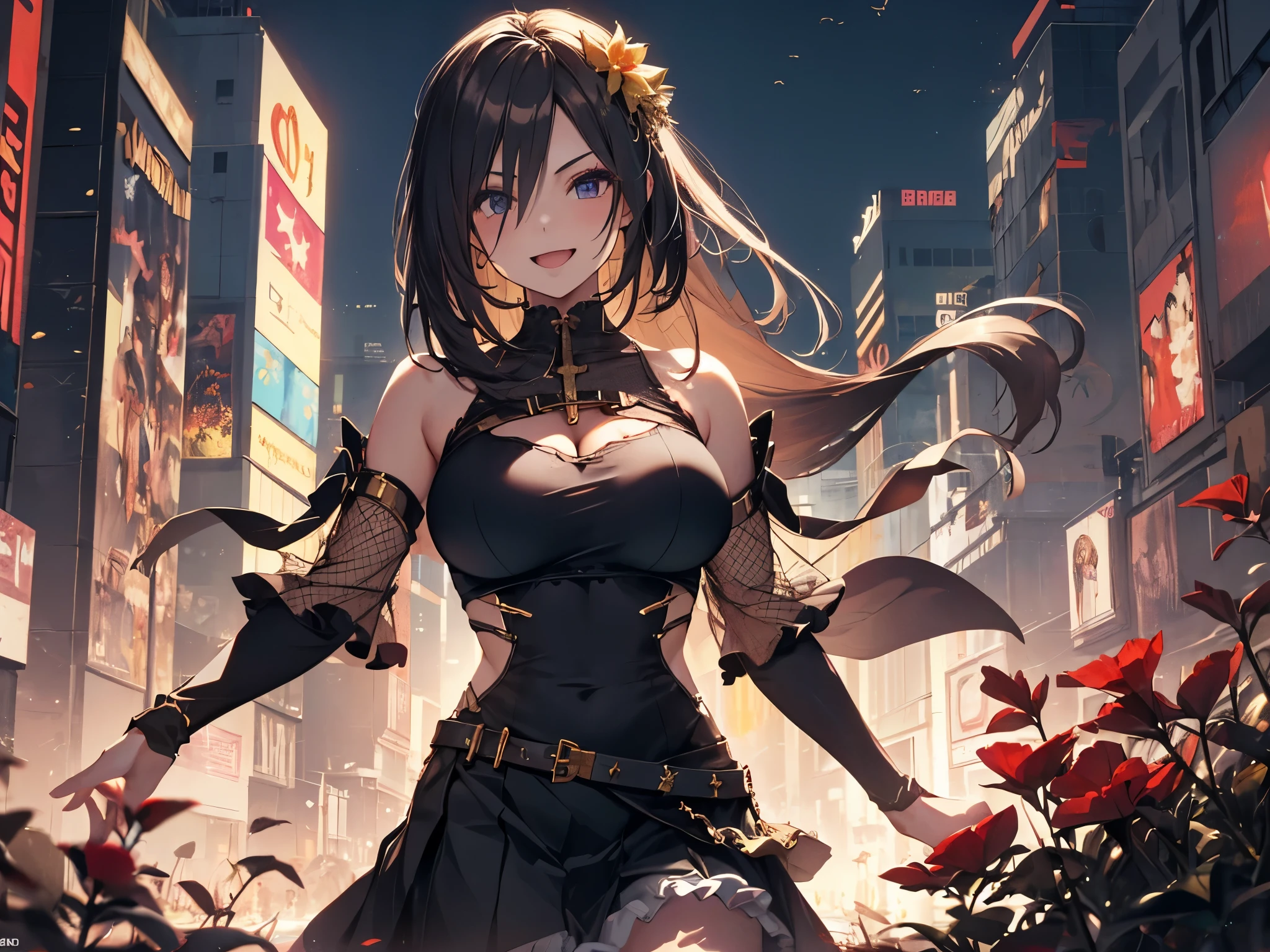 cyberpunk、alone, 1 girl, long hair, open her mouth , smiles, ( black see-through with front)、(gold mesh clothes)、(gold frill skirt)、(cross arms)、 body facing sideways 、 look forward only 、 red flower bed、evening、Strong winds、Big Breasts、Realistic work 、 Highest Masterpieces
