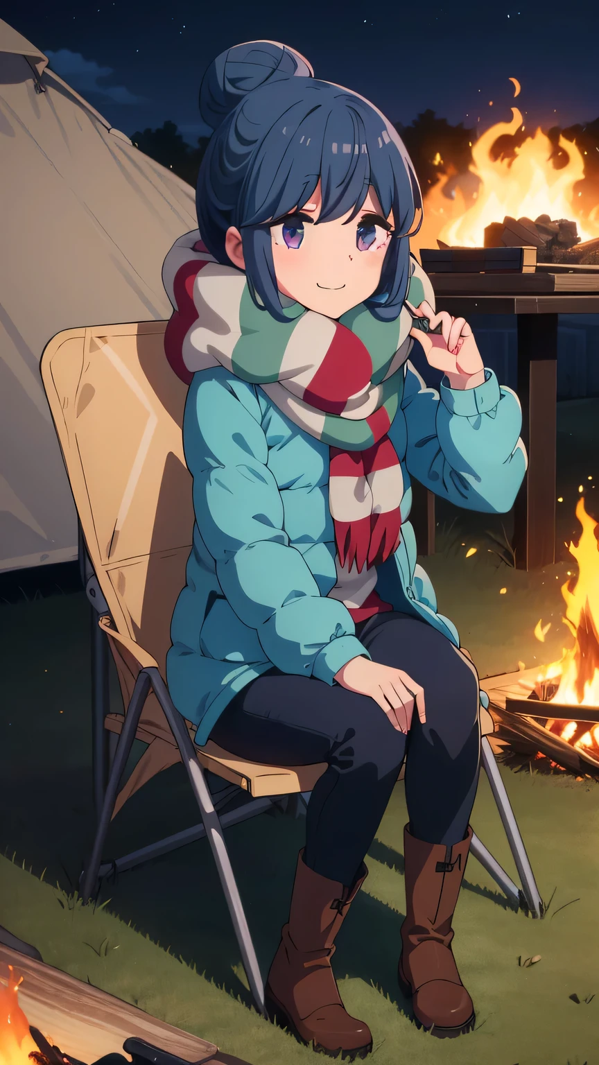 {{{masterpiece}}}, (best quality:1.5), (ultra-detailed:1.5), {illustration}, {{an extremely delicate and beautiful}}, (beautiful detailed eyes:1.6), absurdres, highres, extremely detailed face, 16k, hd, visual anime de uma jovem mulher, extremamente bonito rosto de anime, anime melhor garota, (perfect hands, perfect anatomy), anime face, shimarin (Yuru Camp), 1girl, solo, cute face, blue hair, single hair bun, bangs, round face, big eyes, purple eyes, (High resolution eyes, Beautiful eyes, Light in the eyes), sidelocks, short of a person, medium breasts, big hips, curvaceous, BREAK, striped scarf, padded jacket(cyan jacket, blue jacket), multicolored clothes, long sleeve, black pants, boots, brown footwear, BREAK, cute face, outdoors, camp, bonfire, chair, sitting in camping chair, smile, nature, tent, night, lamp