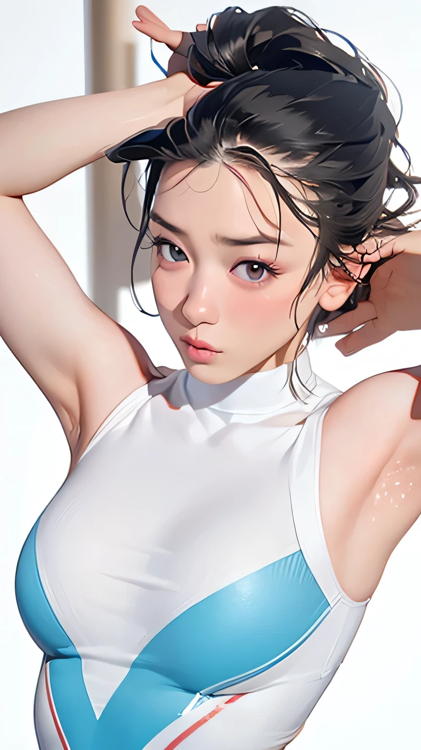 Hires, 1girl, 18yo, (adult body), (adult body ratio), cute school girl, Japanese bikini uniform, (standing), (wind blowing), surreal high school girl, looking down, looking at the viewer, shot from below, (cameltoe), (white underwear), (blushed face), (detailed skin)