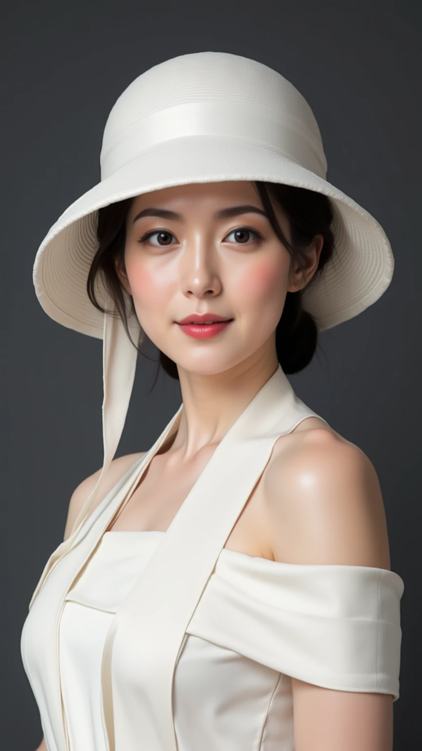 Oriental women with white skin, she is wearing a white hat that matches her elegant off-shoulder dress. the hat is a cloche style with a slightly rounded crown and a brim that curves downwards. a long, thin ribbon flows from the back of her hat. her makeup is subtle and elegant, featuring red lipstick. her expression is calm. her hair is mostly pulled back and neatly styled. The background is dark gray, a neutral background focusing on the woman's outfit and features.
