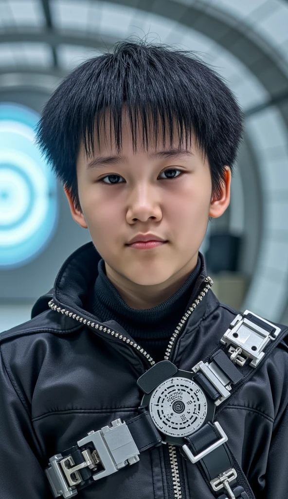 (high quality), (masterpiece), (hyper-realistic), 8K, Captivating portrait depicts (young Japanese boy1.4) in a (futuristic blend of modern and Vietnamese fantasy attire1.3), his upper body framed against a (backdrop shrouded in a sleek, technological aura1.2). The (intricate details1.4) of his costume and (intense, focused gaze1.3) command the viewer's attention, creating a sense of (immersive realism and technological wonder1.4). Trending on Artstation.