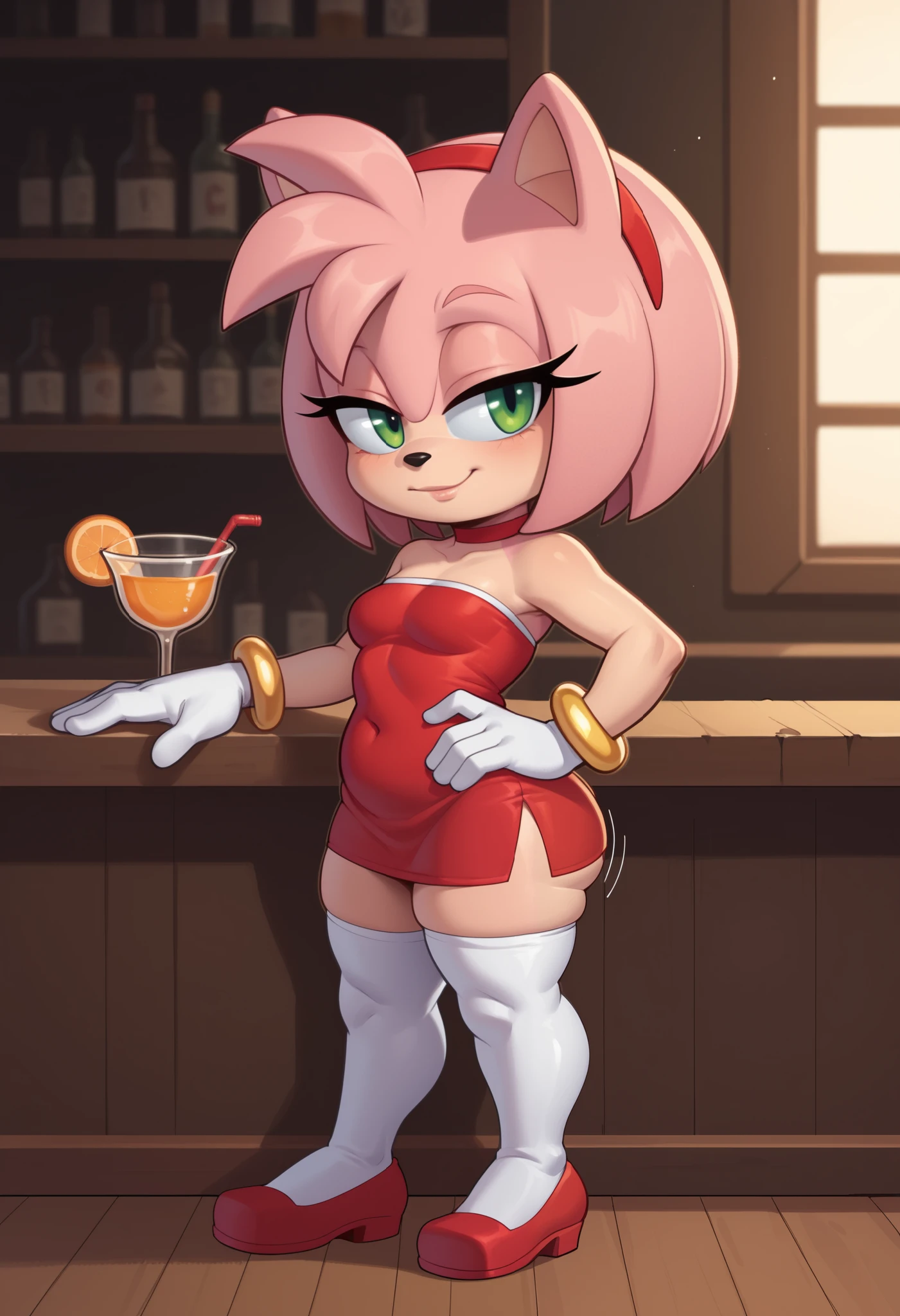 score_9, score_8_up, score_7_up, rating_explicit, source_cartoon, white outline, bold outline, simple background, evnstnly, 1 girl, furry female, amy rose, two-tone skin, cute, (shortstack:1.3), white gloves, gold bracelet, tube top, small breasts, huge hips, plump, chibi, hand on hip, motion lines, half closed eyes, head tilt, from side.|  choker,  mini dress, stockings, bar. 