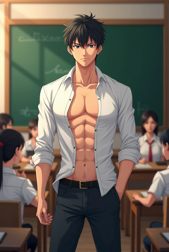 1boy、Cute handsome man、Japanese male, 、handsome man、Mash Hair、Completely naked、Full nudity、erection、Huge penis、Highest quality、Realistic、beautiful、Sad look、Cover your penis with both hands、In front of the blackboard in the classroom、Many students、完全Completely naked