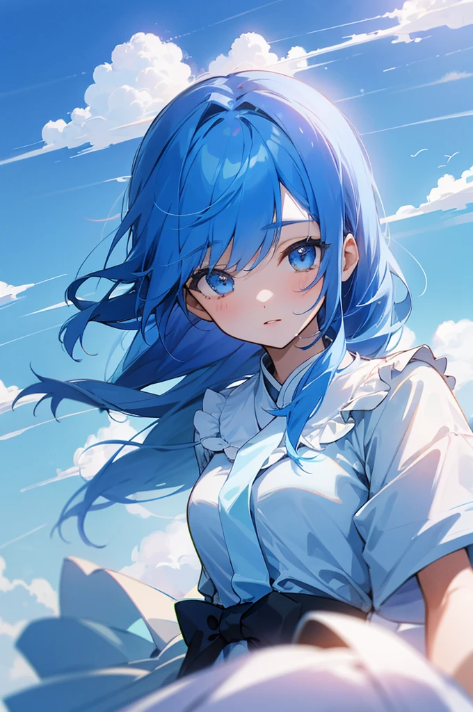  blue hair、１ girls、In the sky