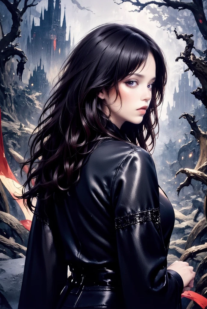 Beautiful portrait of a woman, Jenna Ortega,
young woman, long black hair,  small freckles, biker black leather jacket, in a gothic landscape, dark forest, gothic castle, during night, ink and watercolor, aman0ayam1, high resolution, high definition, masterpiece, many details, cold colors