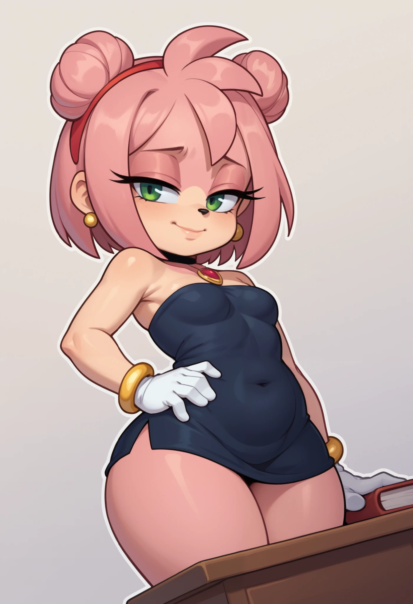 score_9, score_8_up, score_7_up, rating_explicit, source_cartoon, white outline, bold outline, simple background, evnstnly, 1 girl, furry female, amy rose, two-tone skin, cute, (shortstack:1.3), white gloves, gold bracelet, tube top, small breasts, huge hips, plump, chibi, hand on hip, motion lines, half closed eyes, head tilt, from side.|  choker, double bun, dutch angle, jewelry, fewer digits, makeup, earrings, red pendant, school dress. school class. desk.
