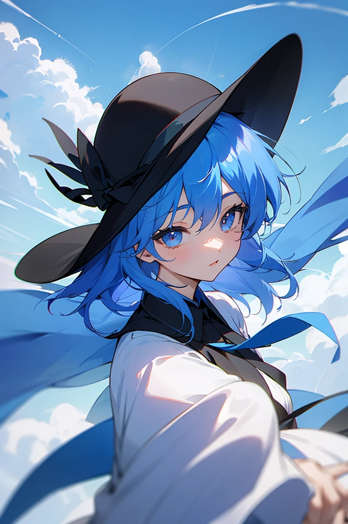  blue hair、１ girls、In the sky、Black Hat