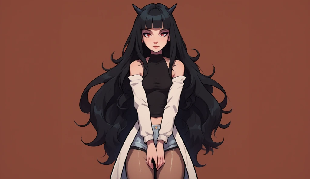 girl, red eyes, white tight jeans pants, short white coat, black shirt, black hair, very little black horns, long hair, pantyhose on the body, Modern Anime Style, High Definition, Ultra Details, Fantasy Modern World, HD, perspective from his face, smiling nostalgically, face in close-up, flat brown color background