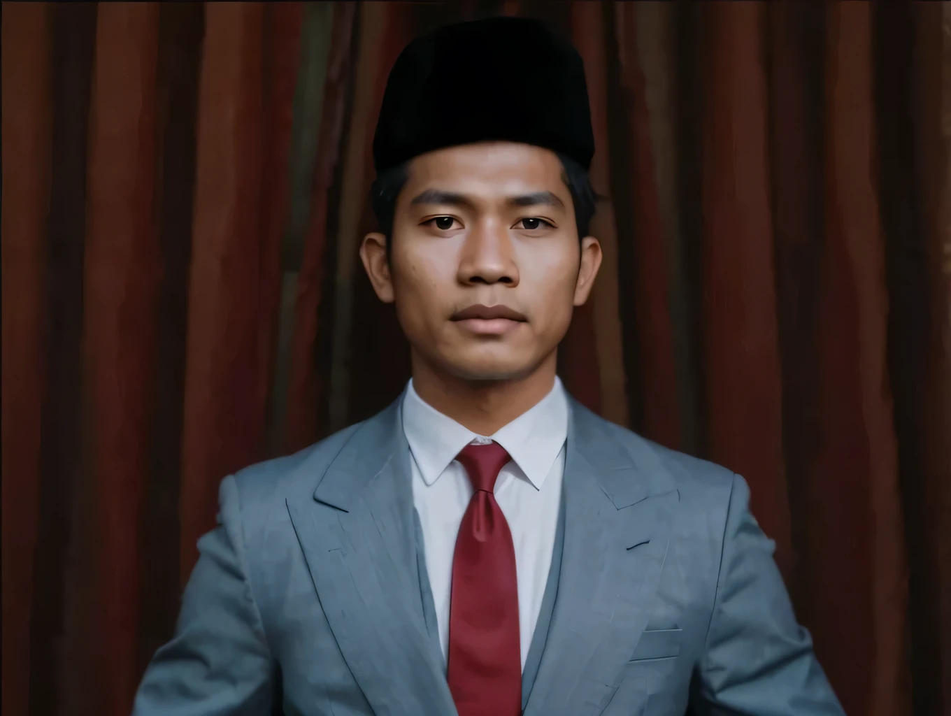 realistic photo, formal photo, Indonesian male, 35 years old, oval head, wearing a black Muslim hat, wearing a black suit, wearing a white shirt, red background 