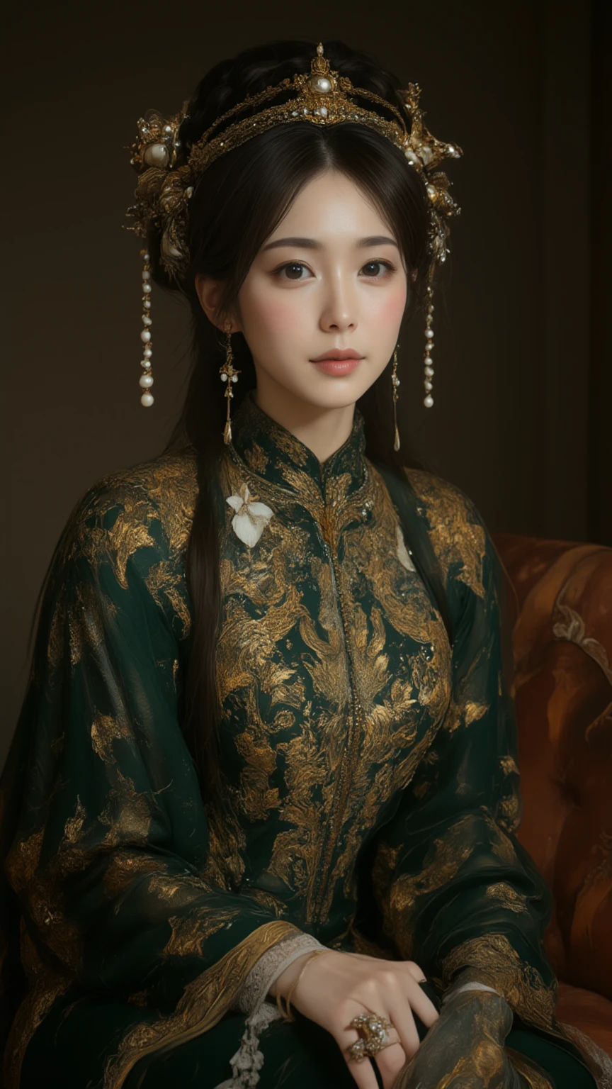 An oriental woman in an elaborate dress reminiscent of a royal family.  She is wearing a long dark green dress with gold embroidery and lace details .  The dress has a high neckline and long sleeves .  Her hair is a braided headdress, jeweled headpiece, and numerous other gold and pearl earrings,  It's a complex updo style adorned with necklaces and other decorations .  Her makeup is applied softly to accentuate her features .  dark brown eyes and dark brown eyes She has a serene and majestic expression. .  She looks straight at the person who looks back slightly .  Her hands rest softly on her knees . The background is a dark, calm tone, ,  It's an overall glamorous and somewhat old-fashioned aesthetic .  The lighting focuses on her and highlights the details of her clothes and jewelry .
