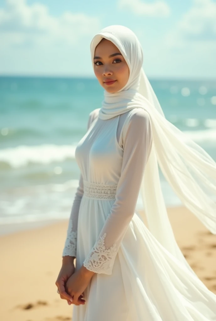 top-quality、top-quality、realisitic、Unity、8k wallpaper、Official art、Highly detailed CG Unity 8k wallpaper、ultra-detailliert、hight resolution、Physically-based rendering、ultra-detailliert,magnifica, finely detail,1girl,solo, a beautiful young woman hijab, ((brown hijab)), (((covering mouth, white long veil:1.1))), Slim Face、Pretty Lady、hyperdetailed face、Detailed eyes、(real looking skin)、View、Blurred background、the beach、profetional lighting、Lighting the face、best light, full body photo